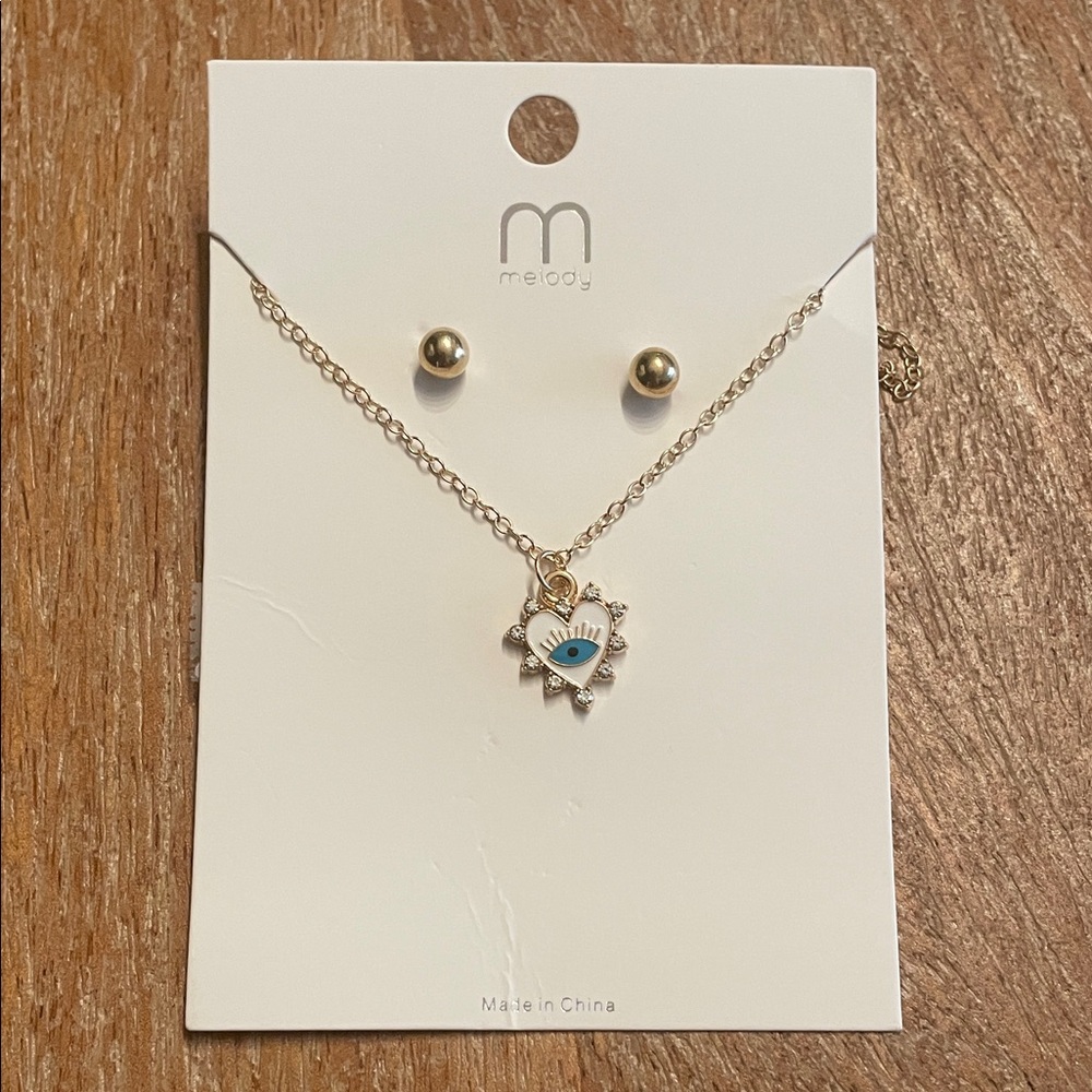 NWOT Gold Evil Eye Pendant Necklace and Stud Earrings Set